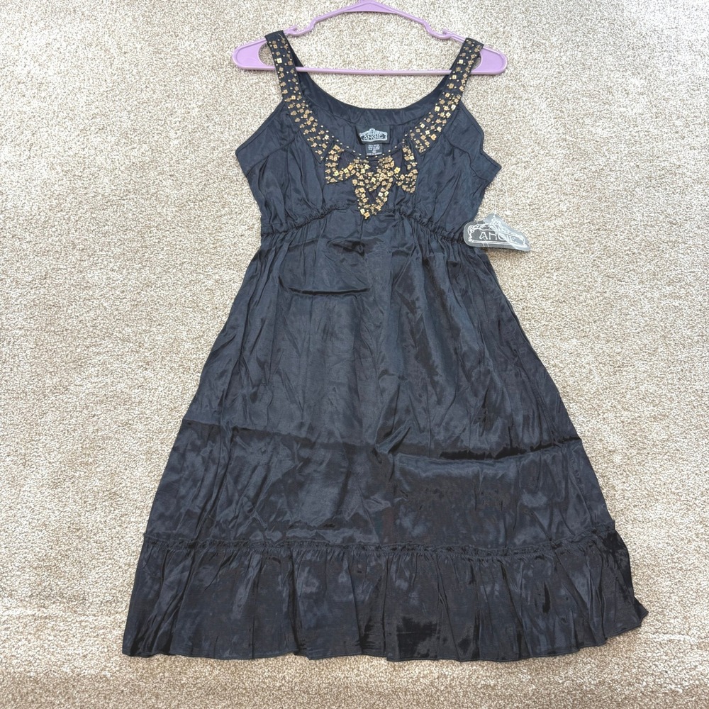 Angie Womens Black Rayon Embellished Boho Tiered Ruffle Dress M NEW Festical